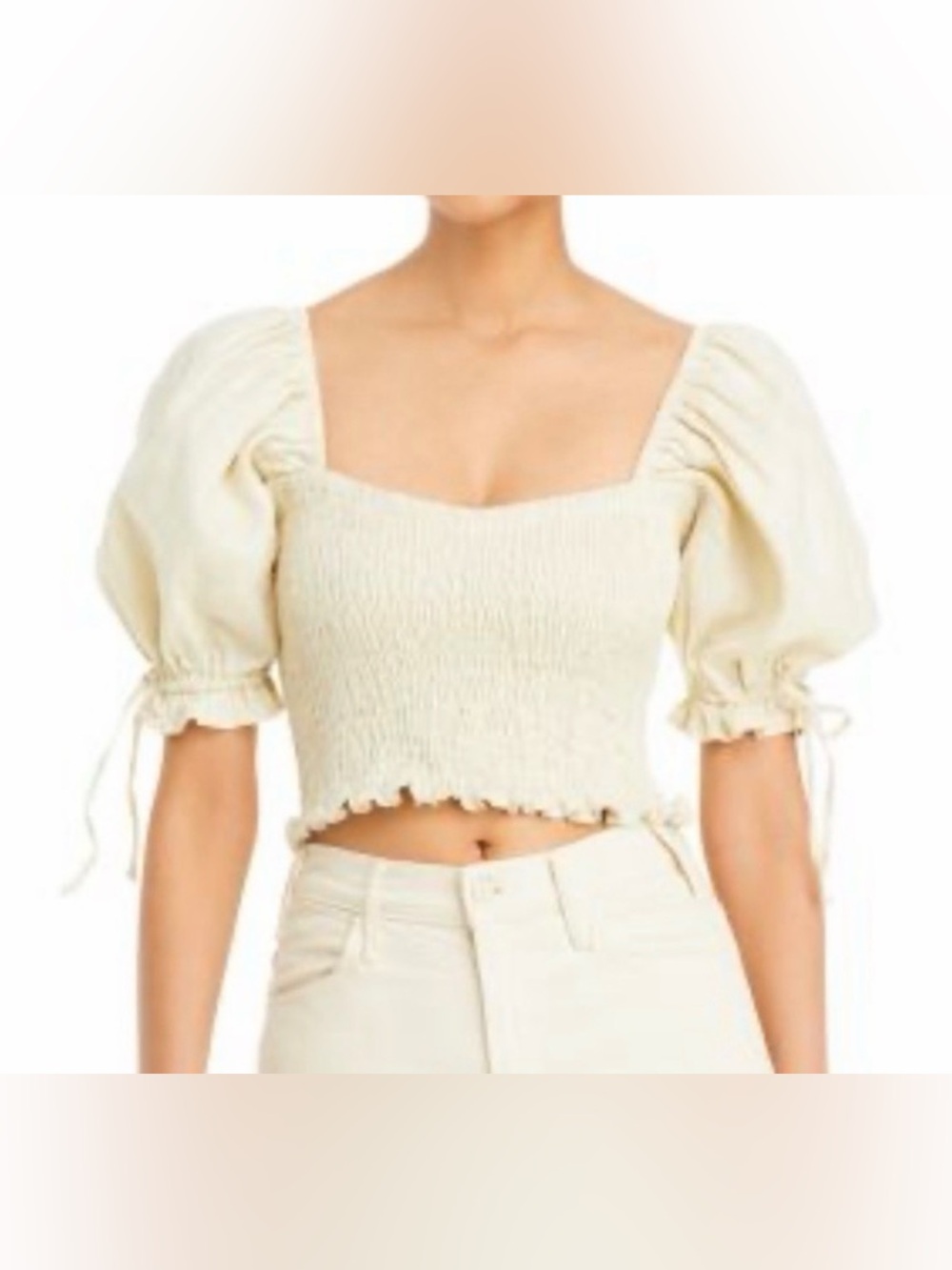 NWT Faithfull the Brand Cream Smocked Puff-Sleeve Crop Top